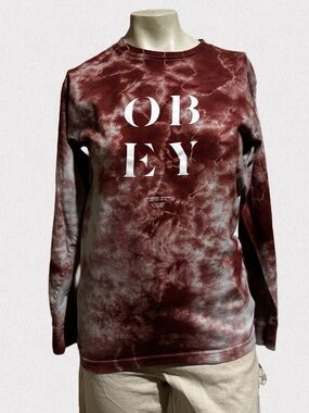 Obey Tie Dye Long Sleeve Tee Maroon White Logo Graphic Size Small